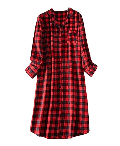 Nachthemd Damen Baumwolle Langarm Flanell Plaid Button Down Nachthemd, Damen Schlafhemd Langarm Nachtwäsche (3#,M) von DSKK