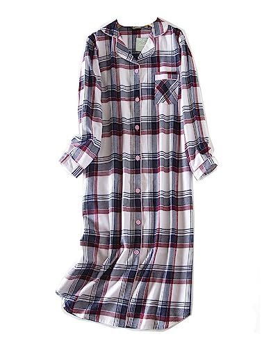 Nachthemd Damen Baumwolle Langarm Flanell Plaid Button Down Nachthemd, Damen Schlafhemd Langarm Nachtwäsche (4#,L) von DSKK