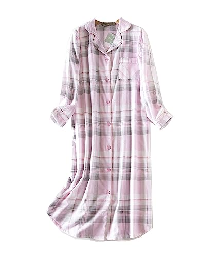 Nachthemd Damen Baumwolle Langarm Flanell Plaid Button Down Nachthemd, Damen Schlafhemd Langarm Nachtwäsche (7#,M) von DSKK