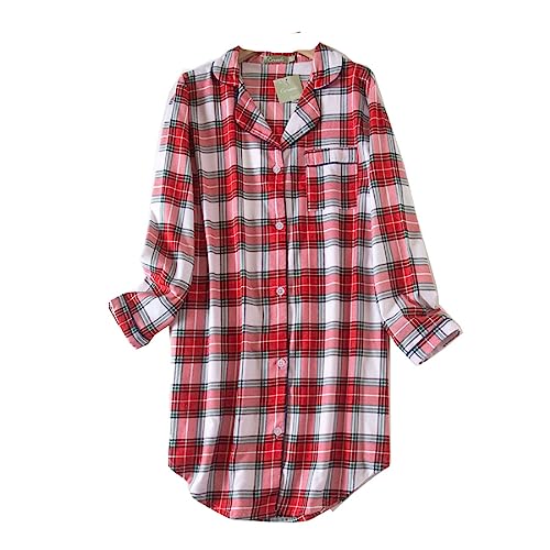 Nachthemd Damen Baumwolle Schlafhemd Kariertes Button Down Damen Langarm Pyjama,Damen Nachthemd Kariertes Hemd (Rosa,L) von DSKK