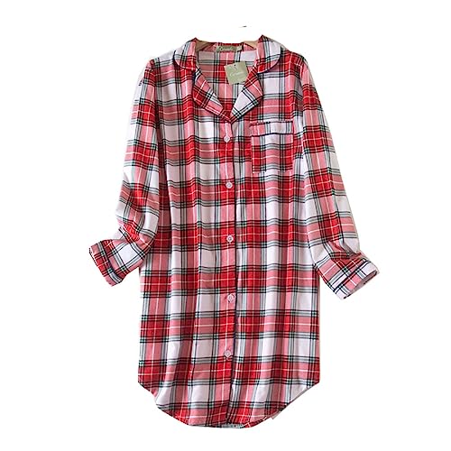 Nachthemd Damen Baumwolle Schlafhemd Kariertes Button Down Damen Langarm Pyjama,Damen Nachthemd Kariertes Hemd (Rosa,XL) von DSKK