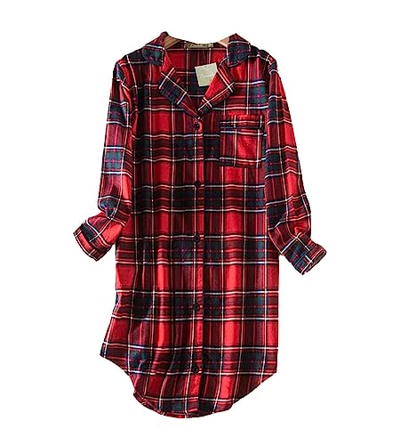 Nachthemd Damen Baumwolle Schlafhemd Kariertes Button Down Damen Langarm Pyjama,Damen Nachthemd Kariertes Hemd (Rot,L) von DSKK