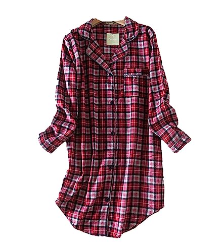 Nachthemd Damen Baumwolle Schlafhemd Kariertes Button Down Damen Langarm Pyjama,Damen Nachthemd Kariertes Hemd (Violett,S) von DSKK