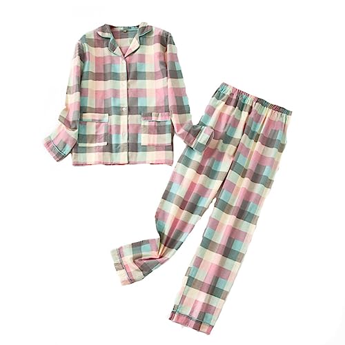 DSKK Schlafanzug Damen lang Baumwolle Winter,Pyjama Freizeitanzug Set mit Knopfleiste Sleepwear Set,Pyjama Zweiteilige Flanell Nachtwäsche (Rosa,L) von DSKK