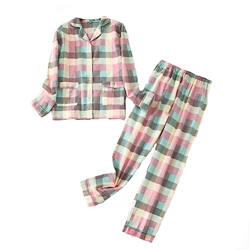 DSKK Schlafanzug Damen lang Baumwolle Winter,Pyjama Freizeitanzug Set mit Knopfleiste Sleepwear Set,Pyjama Zweiteilige Flanell Nachtwäsche (Rosa,XL) von DSKK