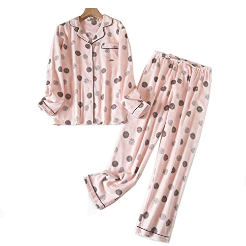 DSKK Schlafanzug Damen lang Baumwolle Winter,Pyjama Freizeitanzug Set mit Knopfleiste Sleepwear Set,Pyjama Zweiteilige Flanell Nachtwäsche (Rosa-2,L) von DSKK