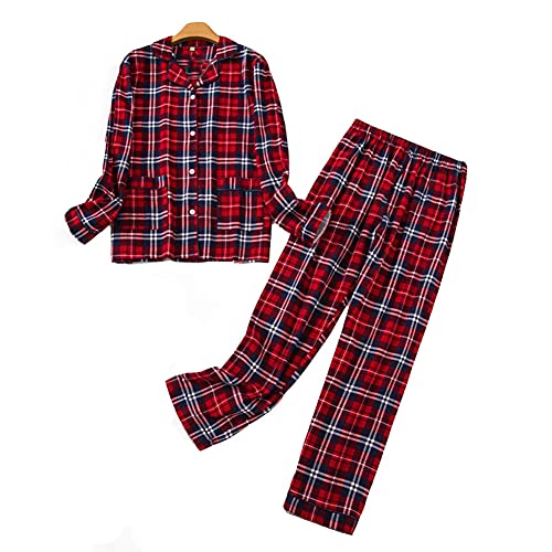 DSKK Schlafanzug Damen lang Baumwolle Winter,Pyjama Freizeitanzug Set mit Knopfleiste Sleepwear Set,Pyjama Zweiteilige Flanell Nachtwäsche (Rot,XL) von DSKK