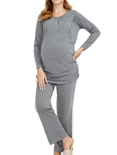 Women's Maternity Soft Nursing Pyjama Set Schlafanzug mit Langen Ärmeln (grau,XXL) von DSKK