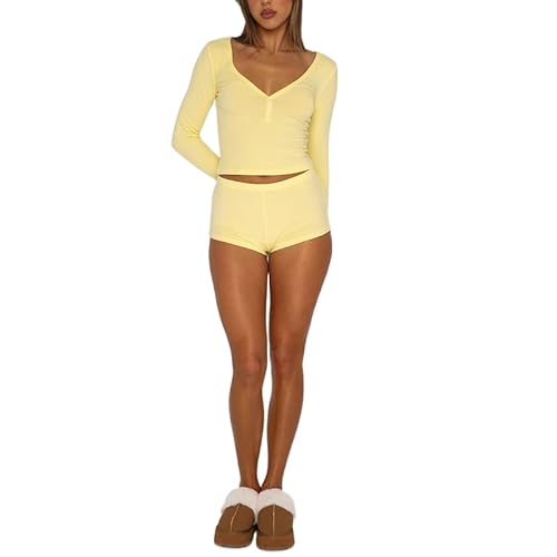 Y2k 2-teiliges Damen-Outfit, modisch, Rundhalsausschnitt, lange Ärmel, bauchfreies Top, niedrige Taille, schmale Passform, Shorts, trendiger zweiteiliger Anzug, 23aug17yellow, S von DSORVICD
