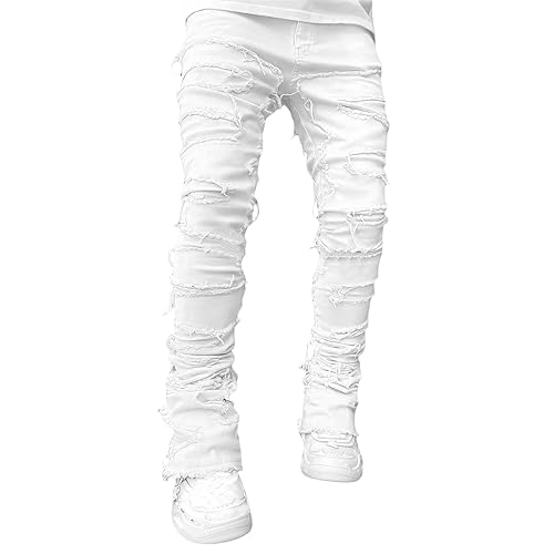 DSORVICD Herren Stacked Jeans Slim Fit Zerrissen Distressed Jeans Destroyed Straight Denim Pants Y2k Jeans Streetwear, Y-weiß, Klein von DSORVICD