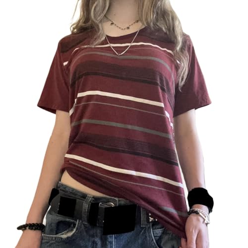 Damen Y2k Gothic gestreiftes T-Shirt Kurzarm Rundhalsausschnitt Casual Loose Grunge Top Ästhetische Emo-Kleidung, rot gestreift, Klein von DSORVICD
