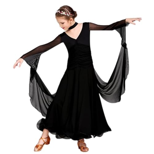 DSPDVWOW Standard Moderne Tanzkleider für Kinder Walzer Kleider Ballsaal Tango Training Performance Kostüm Falten Tanz Outfit,Schwarz,XXL von DSPDVWOW