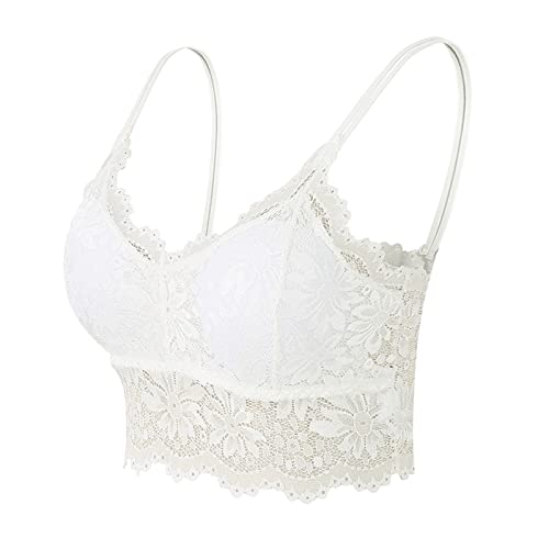 Damen Spitze BH Ohne Bügel Sexy V-Ausschnitt Comfort Bra Unterwäsche Crop Top Komfort Push up Klassisch Yoga BH Bra Top Sport BH Damen Bequemer BH Dessous Bra (White, L) von DSQSasahip