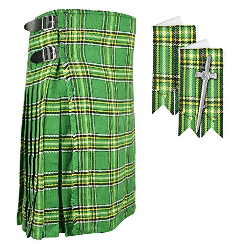 Herren-Kilt, irisches Nationalgrün, ca. 8 m, mit Blitzen und Killtnadel, Irish National Green, 97 cm at belly button von DSS