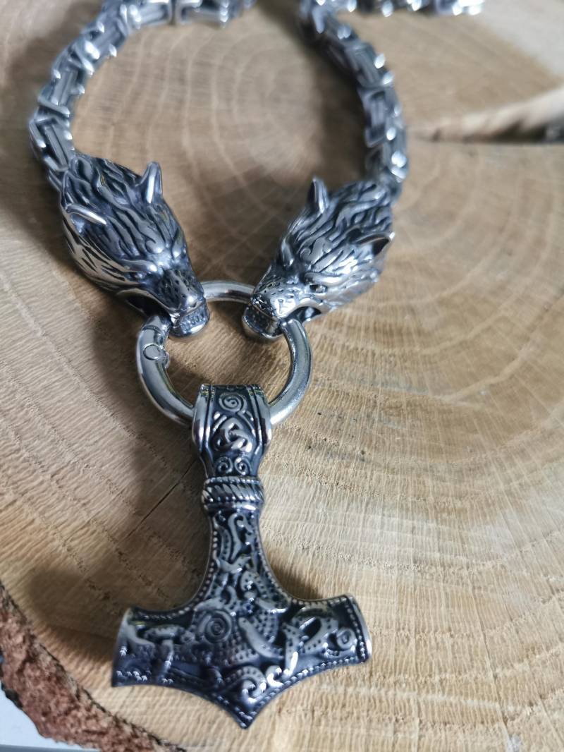 Halskette Thorhammer Edelstahl Vikings Königskette Wolf Massiv von DSWELTDE