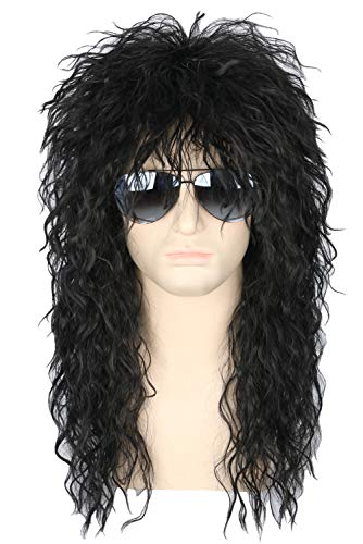 Topcosplay Herren 80er Jahre Vokuhila Perücke Rocker Punk Popstar Perücke Schwarz Lange Lockig Mullet Perücke für Halloween Kostüm Fasching Karneval von Topcosplay