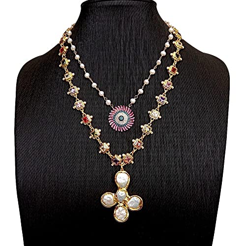 DSZUJTYROP 44x52mm Charm Coin Pearl Crucifix Pendant 2 Rows White Pearl Rosary Chain Cubic Zirconia Chain Necklace DSZUJTYROP 44x52mm Charm Coin Pearl Crucifix Pendant 2 Rows White Pearl Rosary Chain Cubic Zirconia Chain Necklace von DSZUJTYROP