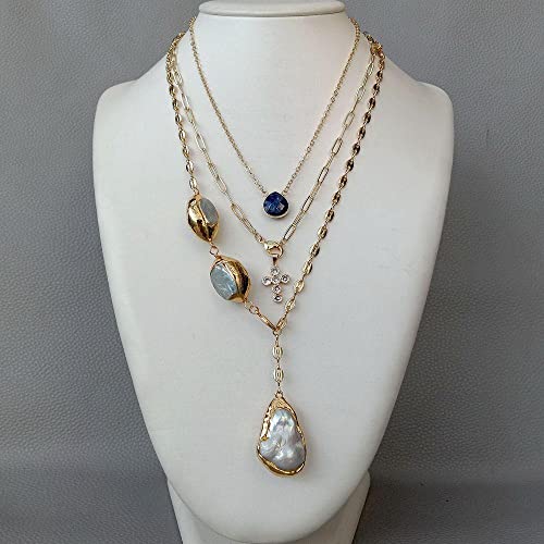 DSZUJTYROP Cultured White Keshi Pearl Lapis Crucifix Charm Chain statement Necklace 17" -26" for women von DSZUJTYROP