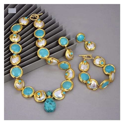 DSZUJTYROP Schmuck natürliche kultivierte barocke Münze Perle Goldfarbe plattiert blau Türkise Halskette Armband Ohrringe Sets for Frauen(Sets) von DSZUJTYROP