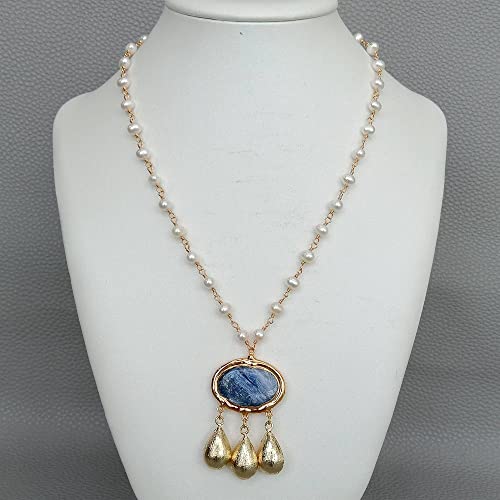 DSZUJTYROP White Freshwater Pearl link chain Necklace gold filled oval Blue kyanite gold brushed teardrop Pendant von DSZUJTYROP
