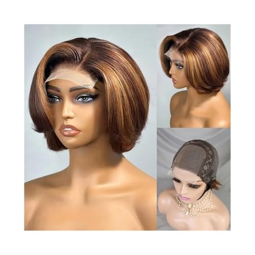 Echthaarperücken 4/27 Highlight 4x4 100% Echthaar Frontalperücken Ombre Braun Mix Blonde Wasserwelle C Teil Kurze Bobperücke Perücken für Frauen von DTACBNEUZ