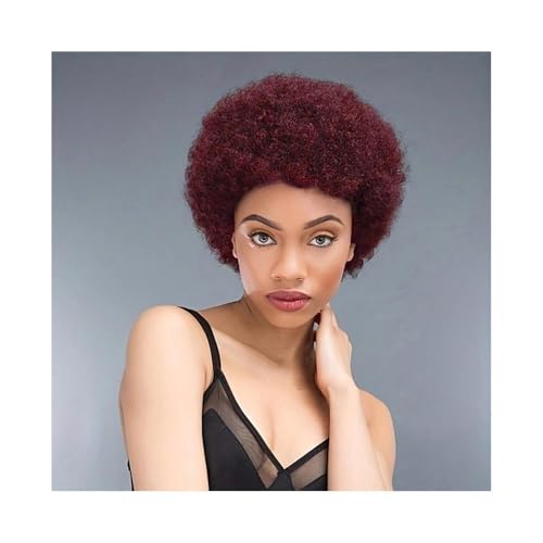 Echthaarperücken 99J Lockige Afro-Perücken, kurze Pixie-Perücke, Burgunderrot, Echthaar for schwarze Frauen Perücken für Frauen von DTACBNEUZ