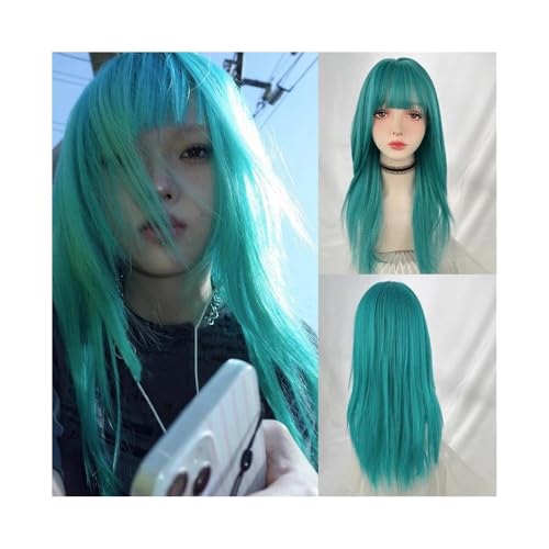 Echthaarperücken Blaugrüne lange glatte synthetische Damenperücke mit Pony, flauschige Cosplay-Perücke for Partys Perücken für Frauen von DTACBNEUZ