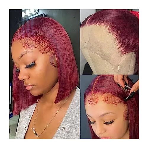 Echthaarperücken Burgund HD Transparent kurze Bob Echthaar Perücken rot gerade 13 x 6 x 1 Spitze vorne Perücke for Frauen vorgezupft Perücken für Frauen(14inches 1PC) von DTACBNEUZ