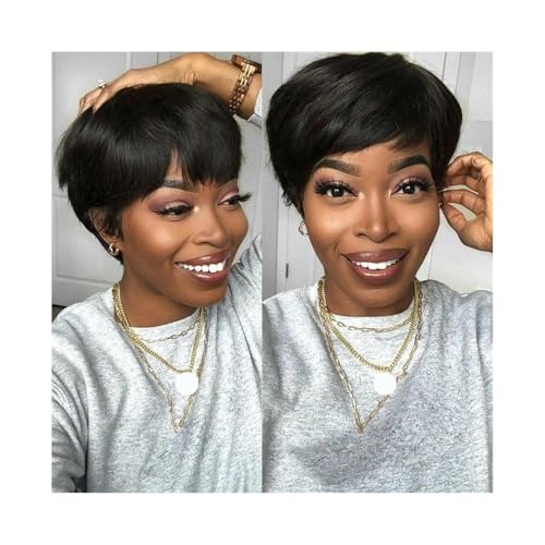 Echthaarperücken Kurze Echthaarperücken, maschinell hergestellte Perücken mit Pony, keine Spitzenperücke Perücken für Frauen von DTACBNEUZ