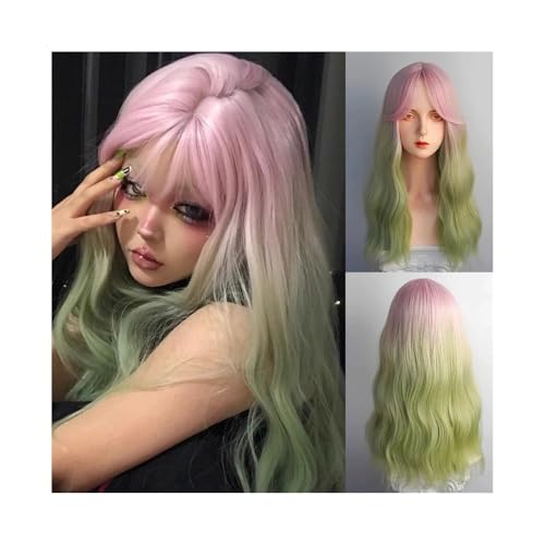 Echthaarperücken Lange gewellte rosa Ombre-grüne synthetische Perücke Mittelteil flauschige Frauen Cosplay Perücke Perücken für Frauen von DTACBNEUZ