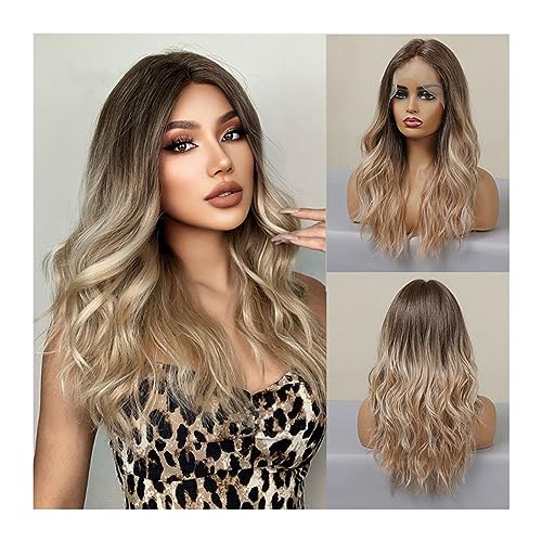 Echthaarperücken Lange gewellte synthetische Lace-Front-Haarperücken, mittellange braunblonde Ombre-Spitzenperücke for Frauen, Afro-Cosplay, tägliches hitzebeständiges Haar Perücken für Frauen von DTACBNEUZ