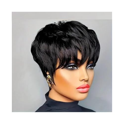 Echthaarperücken Pixie Cut Perücken Brasilianisches Echthaar Kurze Bob Perücke mit Pony Layered Pixie Cut Perücke Perücken für Frauen von DTACBNEUZ