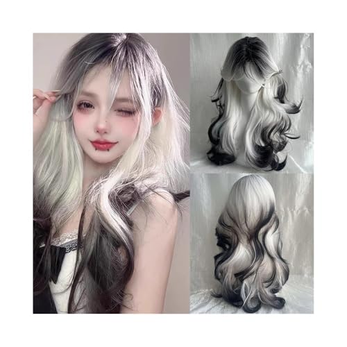Echthaarperücken Schwarze Ombre-weiße synthetische lange gewellte Perücke Mittelteil flauschige Cosplay-Frauenperücke for Party Perücken für Frauen Echthaarperücken Schwarze Ombre-weiße synthetische lange gewellte Perücke Mittelteil flauschige Cosplay-Frauenperücke for Party Perücken für Frauen von DTACBNEUZ