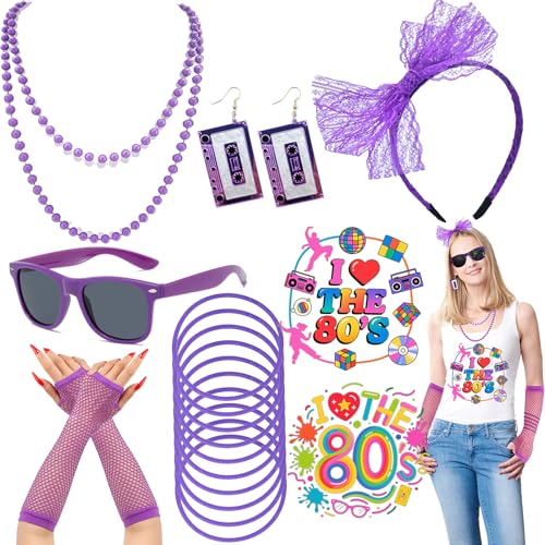 DTAOZFA 19 Stück 80er Kostüm Accessoires set, Aerobic Outfit 80er 90er Damen set, 90er 80er Jahre Outfit Damen Mädchen 80er Jahre Neon -Kleidungszubehör mit Ohrringen Armband Halskette Haarringhülle von DTAOZFA