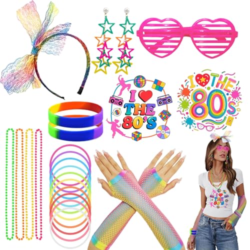 DTAOZFA 24 Stück 80er Kostüm Accessoires set, Aerobic Outfit 80er 90er Damen set, 90er 80er Jahre Outfit Damen Mädchen, 80er Jahre Neon -Kleidungszubehör mit Ohrringen Armband Halskette Haarringhülle von DTAOZFA