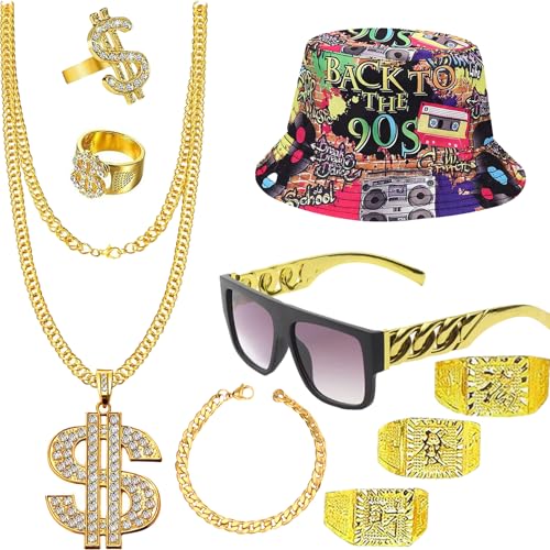 DTAOZFA 9 Stücke Zuhälter Kostüm Zubehör, Herren Hip Hop Kostüm, 80er 90er Outfit Herren, Gangster Gold Halskette Ring Brille Fasching Party DTAOZFA 9 Stücke Zuhälter Kostüm Zubehör, Herren Hip Hop Kostüm, 80er 90er Outfit Herren, Gangster Gold Halskette Ring Brille Fasching Party von DTAOZFA