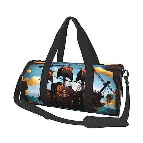 Cartoon Piratenschiff Runde Große Kapazität Faltbare Seesack für Damen Herren Gym Tote, Sport Duffel., Schwarz , Einheitsgröße von DTGPRO