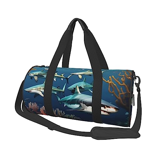 Sharks Under The Sea Round Large Capacity Foldable Duffel Bag for Women Men, Gym Tote, Sports Duffel., Schwarz , Einheitsgröße von DTGPRO