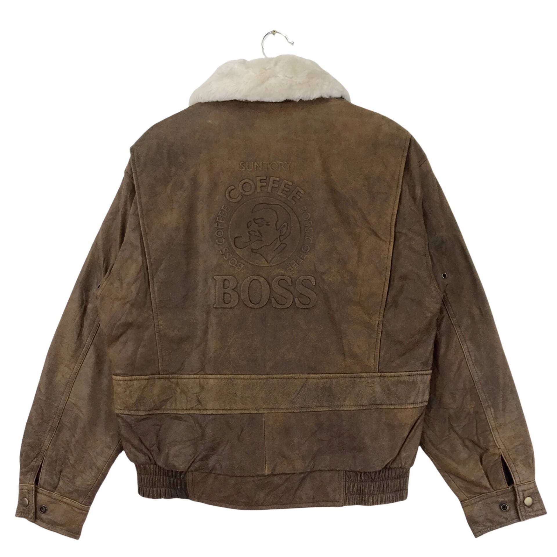 Rar Vintage Suntory Boss Coffee Jacke Shearling Kragen Leder Reißverschluss/Knopf Buchstabieren Logo Weiche Lederjacke Größe L von DTHREESTORE