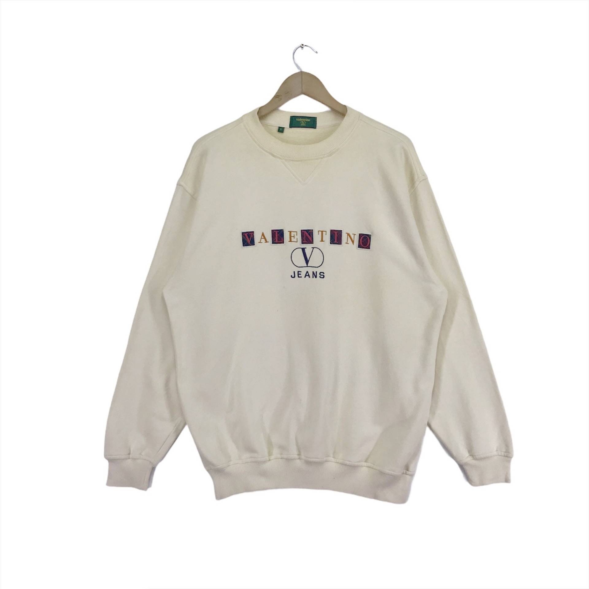 Selten Vintage Valentino Sweatshirt Crewneck Gesticktes Logo Italien Designer Pullover Größe Groß von DTHREESTORE