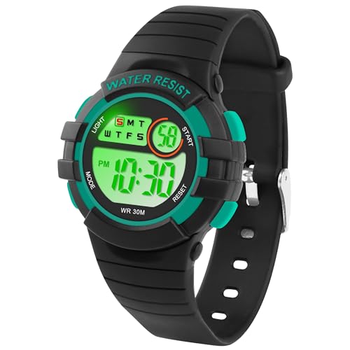 DTKID Digitaluhr Kinder, 7 Farben Kinderuhr Junge Mädchen, 3 ATM wasserdichte Sports Outdoor Armbanduhr Kinder Mit Timer, Wecker, Kalender von DTKID