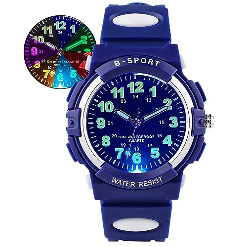 DTKID Kinderuhr Junge Mädchen, 7-Farben Armbanduhr Kinder Analoge, 3ATM Wasserdicht, Leicht Ablesbare Uhrzeit,Kinder Uhren Für 5-16 Jahren von DTKID