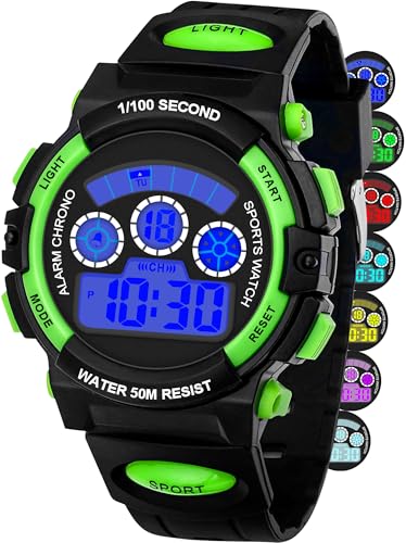 DTKID Digitale Kinderuhr Jungen Mädchen, 7-Farben-LED, Armbanduhr Kinder mit Wecker, Stoppuhr, Datum, 5 ATM wasserdichte Outdoor Sportuhr Kinder Uhren für Teenager (Dark Grün) von DTKID