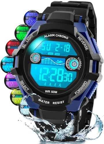 DTKID Digitale Kinderuhr Jungen Mädchen, 7-Farben-LED, Armbanduhr Kinder mit Wecker, Stoppuhr, Datum, 5 ATM wasserdichte Outdoor Sportuhr Kinder Uhren für Teenager (Schwarz Blau) von DTKID