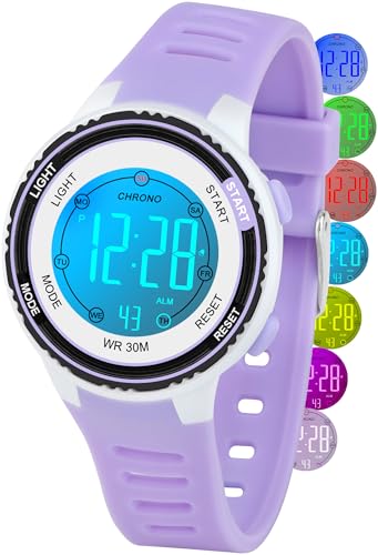 DTKID Digitaluhr Kinder, 7 Farben Kinderuhr Junge Mädchen, 3 ATM wasserdichte Sports Outdoor Armbanduhr Kinder Mit Timer, Wecker, Kalender von DTKID
