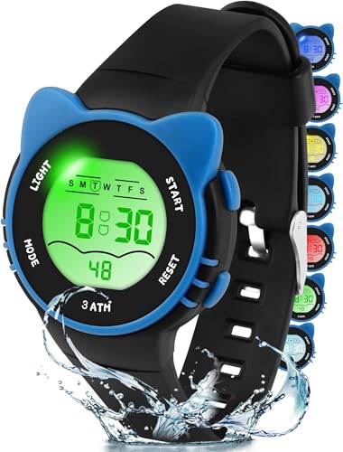 DTKID Digitaluhr Kinder, 7 Farben Kinderuhr Junge Mädchen, 3 ATM wasserdichte Sports Outdoor Armbanduhr Kinder Mit Timer, Wecker, Kalender von DTKID
