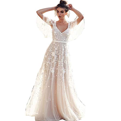 Hochzeitskleid Damen Lang Brautkleider Elegant Spitze Brautmode RüCkenfrei Abiball Prinzessin Kleider Abendkleider Elegant FüR Hochzeit (Unit: cm von DTKJ