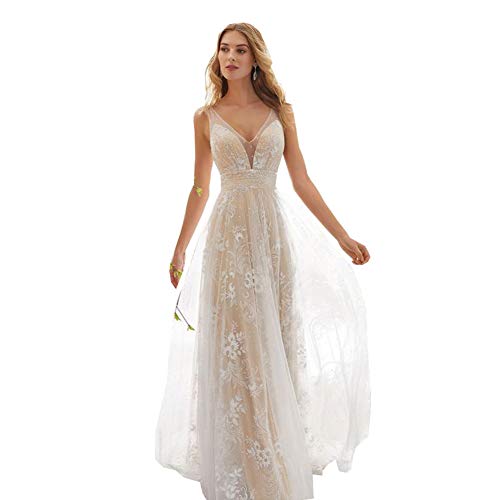 Weiß Hochzeitskleid Damen Lang Brautkleider Elegant Spitze Brautmode RüCkenfrei Abiball Prinzessin Kleider Abendkleider Elegant FüR Hochzeit (Unit: cm von DTKJ