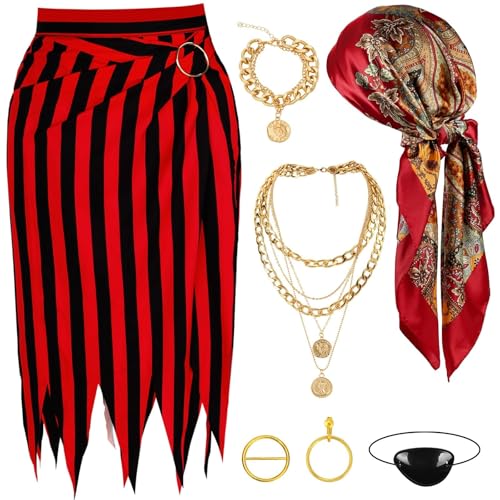 7 teiliges Piratenkostüm Piratenrock Kostüm Damen Pirat offenes Design Rock Kleid Erwachsene Kopftuch Mütze Augenklappe Halskette Ohrringe Armband Gürtel Piratenzubehör für Halloween Männer Frauen von DTOFOOT