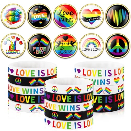 DTOFOOT 60 Stück Regenbogen-Pride-Knöpfe Silikon-Armband-Armbänder Set LGBT Anstecknadeln Abzeichen Gay Pins Unterstützung Gummi Armbänder für Pride Month Paraden Dekorationen Party Zubehör Zubehör von DTOFOOT